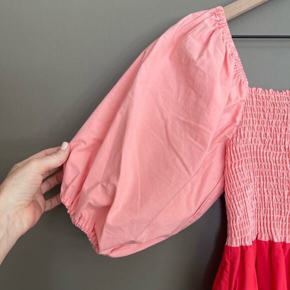 RHODE Eloise Smock Bodice Cotton Maxi Dress Size XS Pink Red Orange Tiered Chic - Picture 7 of 16